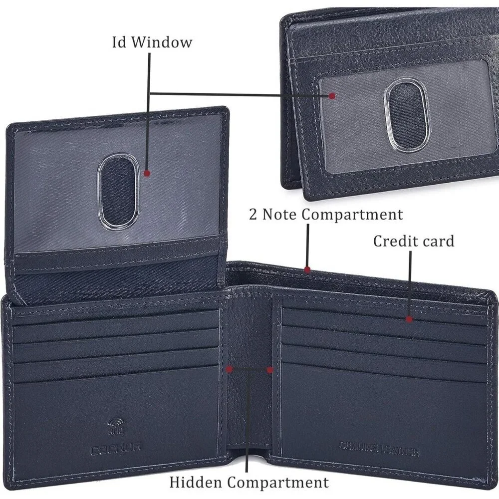 Men's Unique Metal Real Slim Dark Navy Genuine Vintage Leather Stylish Wallet